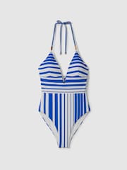 Reiss Blue Stripe Lenny Striped Plunge Neck Swimsuit - Image 2 of 6