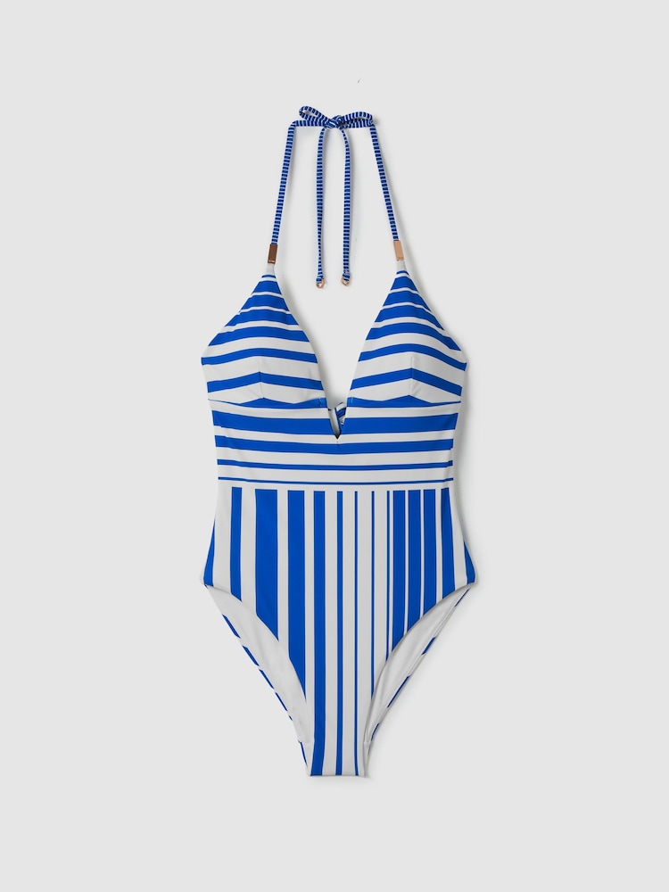 Reiss Blue Stripe Lenny Striped Plunge Neck Swimsuit - Image 2 of 6