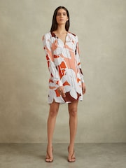 Reiss Cream/Red Tanya Printed Tie Neck Mini Dress - Image 1 of 6