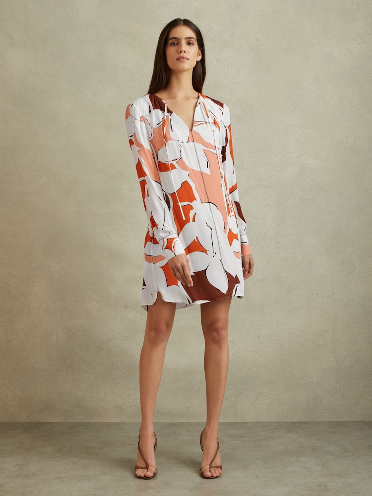 Reiss Cream/Red Tanya Printed Tie Neck Mini Dress - Image 1 of 6