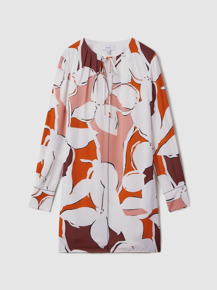Reiss Cream/Red Tanya Printed Tie Neck Mini Dress - Image 2 of 6
