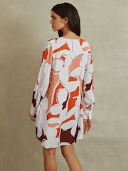 Reiss Cream/Red Tanya Printed Tie Neck Mini Dress - Image 3 of 6