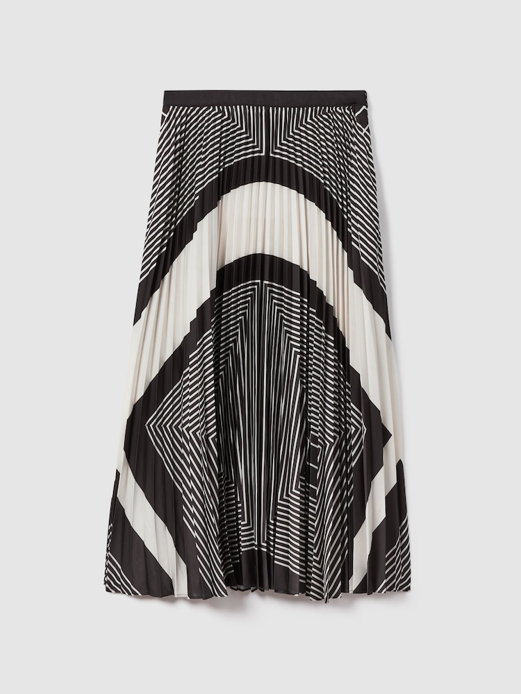 Reiss Black/Cream Gabi Printed Pleated Midi Skirt - Image 2 of 7