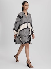 Reiss Black/White Bay Printed Pleated Mini Dress - Image 1 of 6