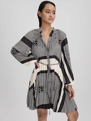 Reiss Black/White Bay Printed Pleated Mini Dress - Image 3 of 6
