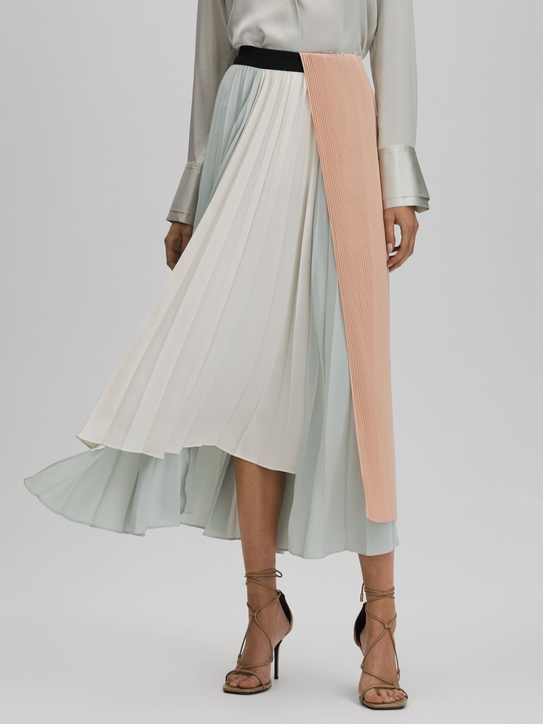 Reiss Pink/Cream Maddie Pleated Asymmetric Midi Skirt