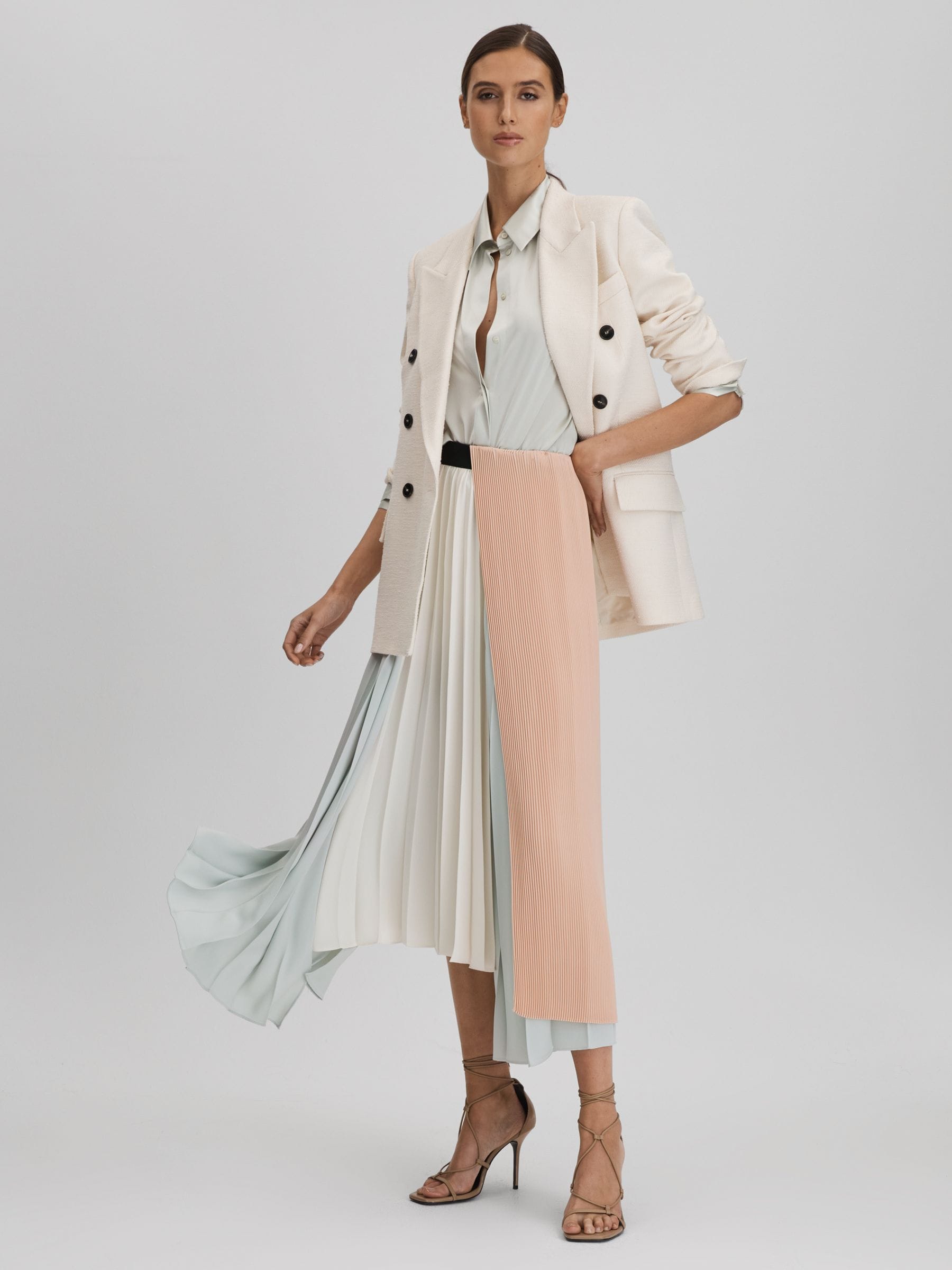 Reiss Pink/Cream Maddie Pleated Asymmetric Midi Skirt