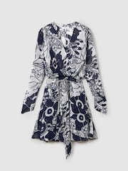 Reiss Navy/Cream Sienna Printed Belted Mini Dress - Image 2 of 6