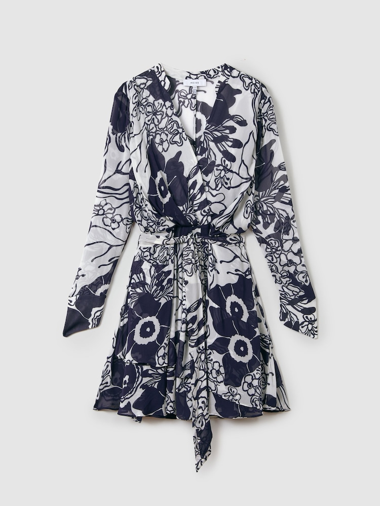 Reiss Navy/Cream Sienna Printed Belted Mini Dress - Image 2 of 6
