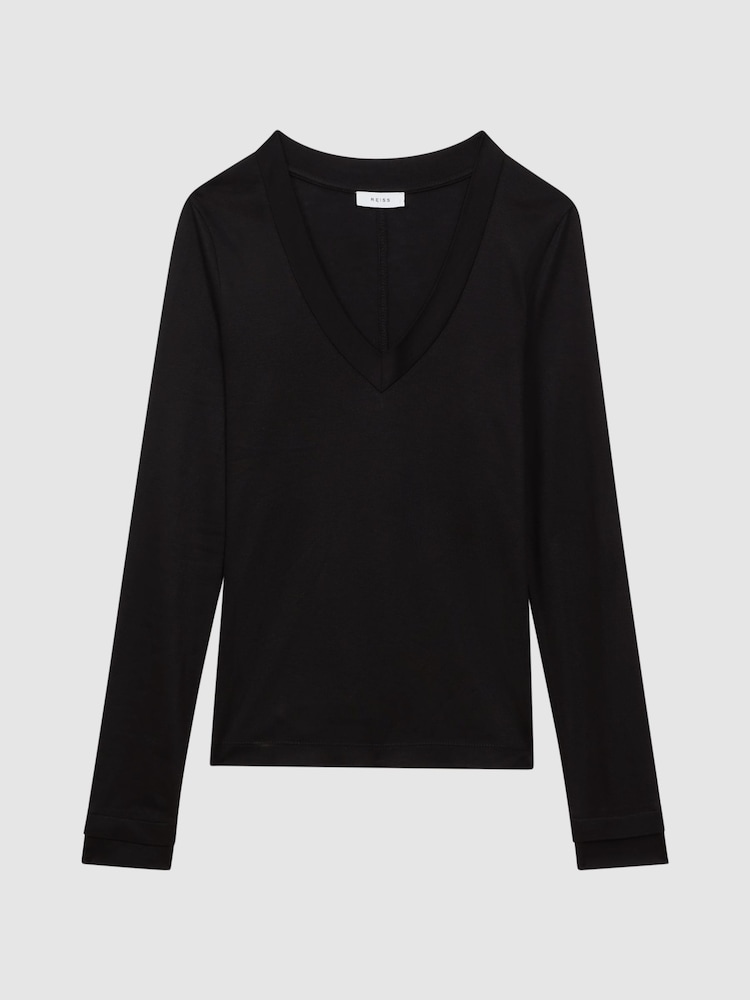 Reiss Black Brady Jersey V-Neck Top - Image 2 of 6