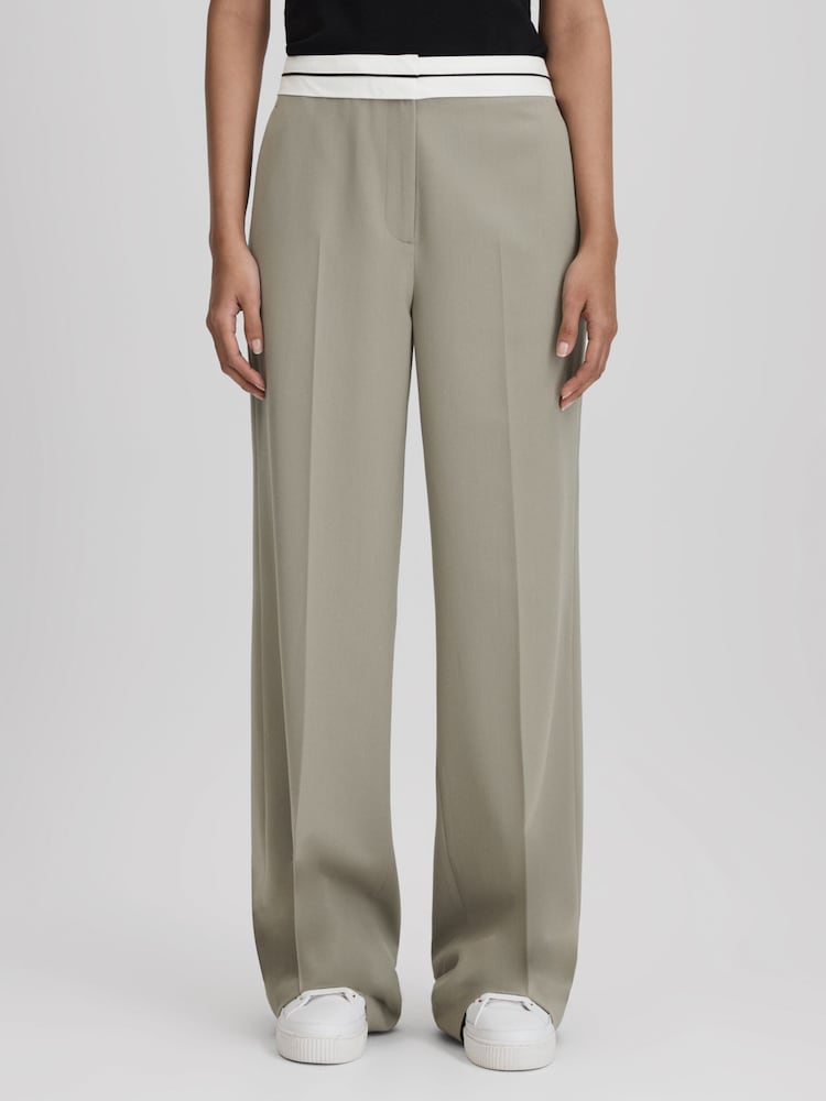 Reiss Green Whitley Contrast Waistband Wide Leg Suit Trousers - Image 1 of 6