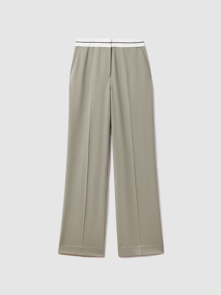 Reiss Green Whitley Contrast Waistband Wide Leg Suit Trousers - Image 2 of 6