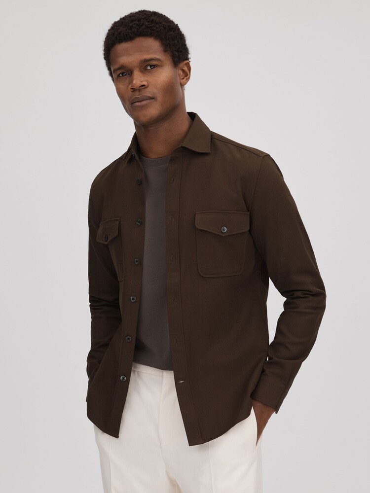 Reiss Chocolate Arlo Cotton Canvas Overshirt - Image 1 of 7 Reiss Chocolate Arlo Cotton Canvas Overshirt - Image 1 of 7