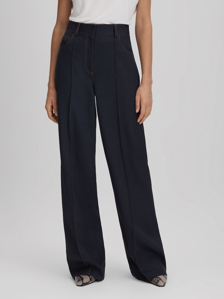 Reiss Navy Raven Wool Blend Denim Look Suit Trousers - Image 1 of 7