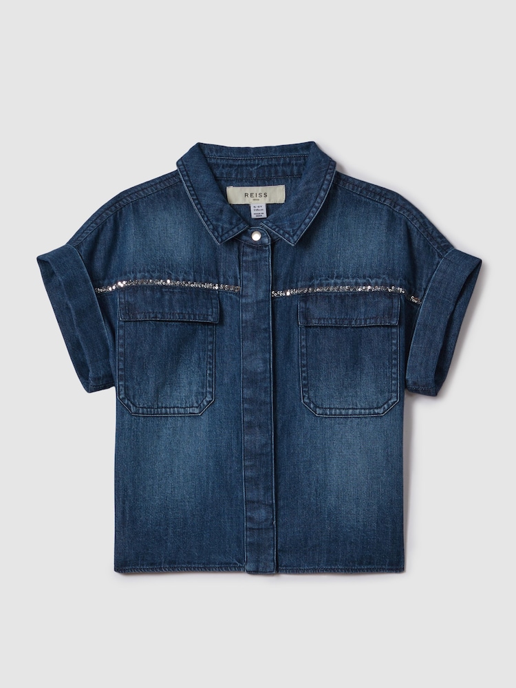 Reiss Blue Sandie 9-13 yrs Embellished Denim Shirt - Image 1 of 7