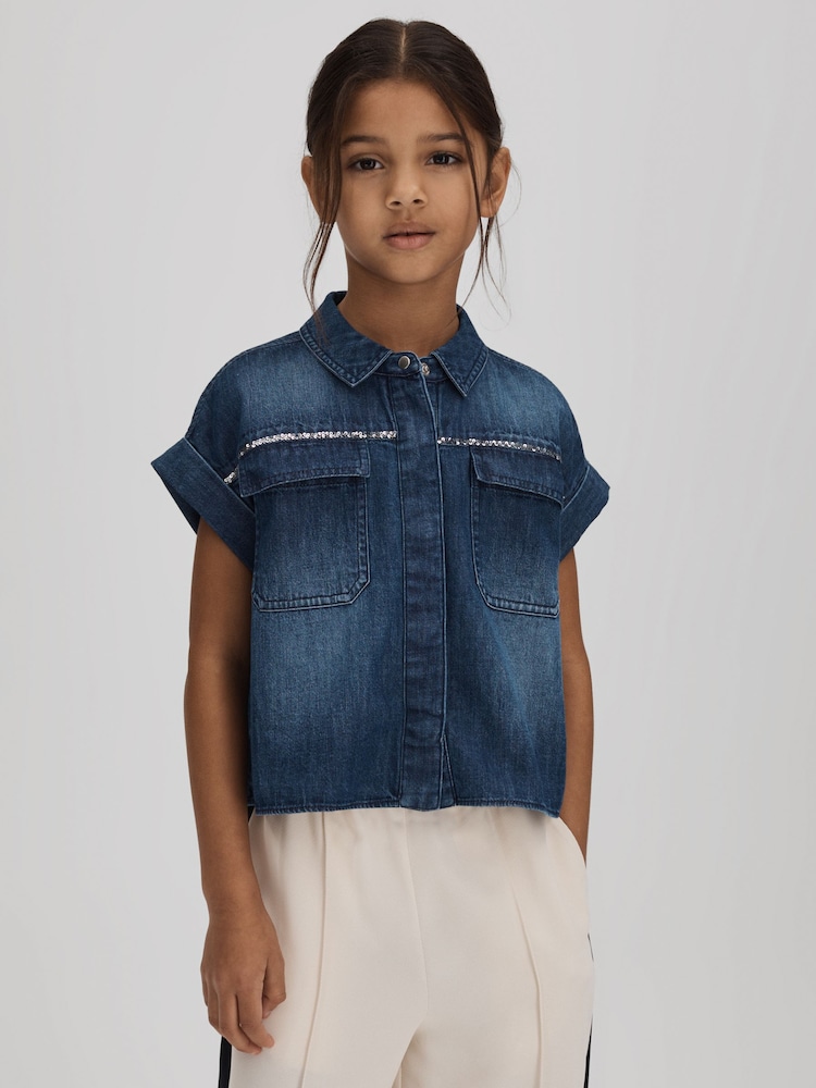 Reiss Blue Sandie 9-13 yrs Embellished Denim Shirt - Image 2 of 7