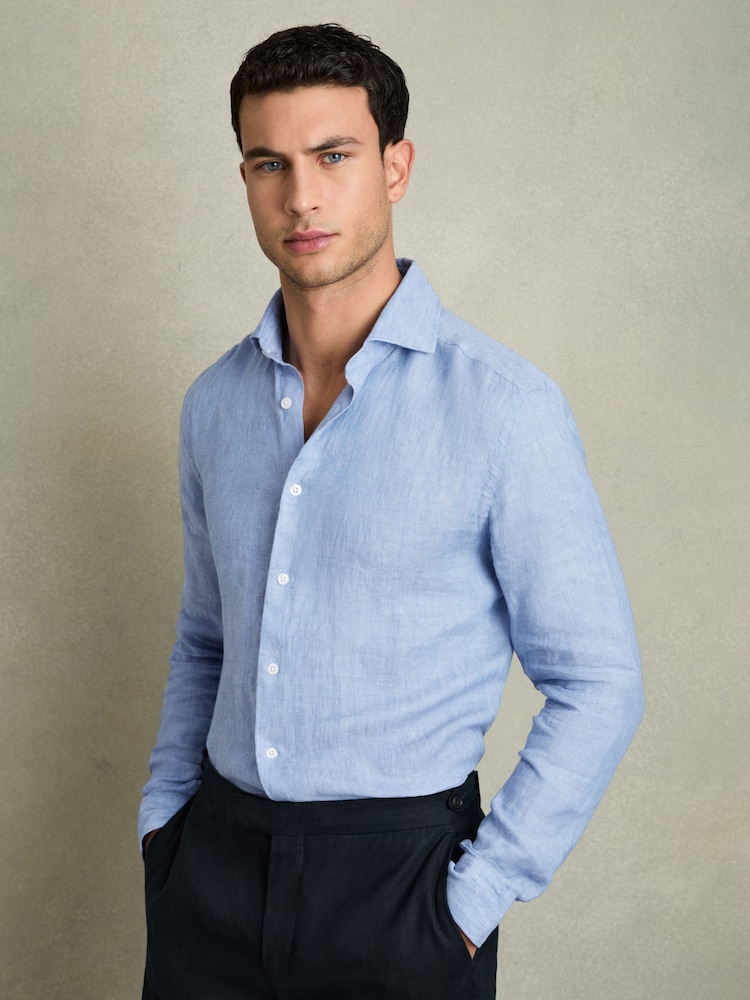 Reiss Sky Blue Ruban Linen Button-Through Shirt - Image 1 of 6
