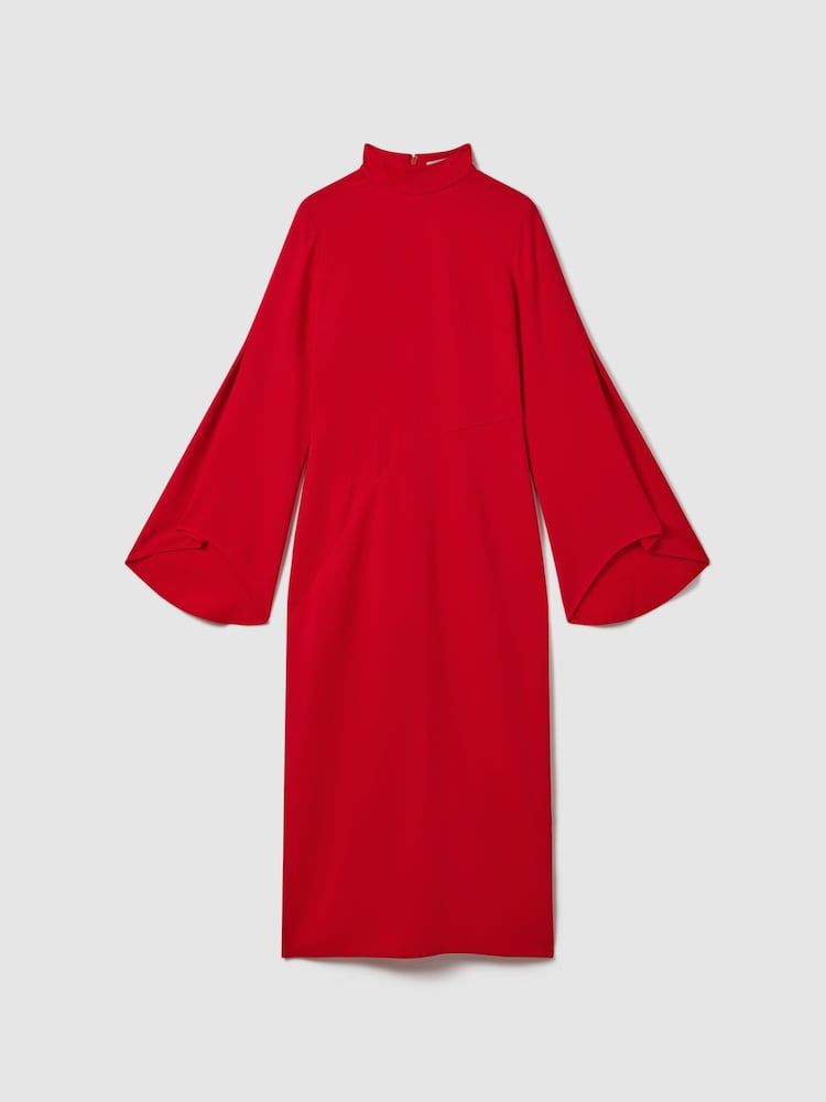 Reiss Red Katya Flute Sleeve Bodycon Midi Dress - Image 2 of 6