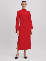 Reiss Red Katya Flute Sleeve Bodycon Midi Dress - Image 5 of 6