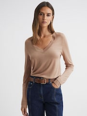 Reiss Camel Brady Jersey V-Neck Top - Image 1 of 6
