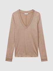 Reiss Camel Brady Jersey V-Neck Top - Image 2 of 6