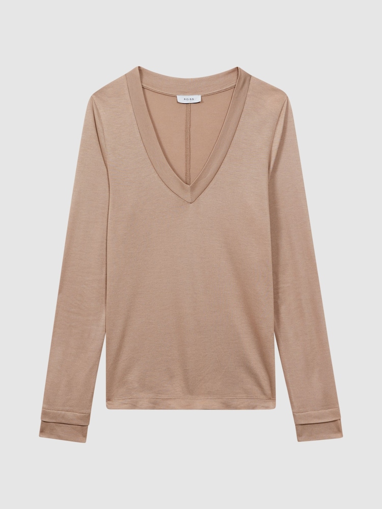 Reiss Camel Brady Jersey V-Neck Top - Image 2 of 6