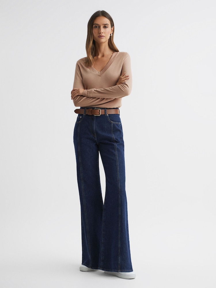 Reiss Camel Brady Jersey V-Neck Top - Image 3 of 6