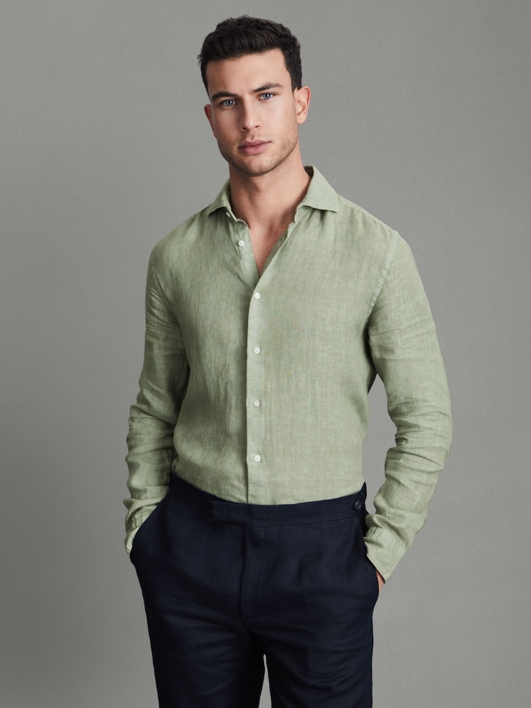 Reiss Pistachio Ruban Linen Button-Through Shirt - Image 1 of 5