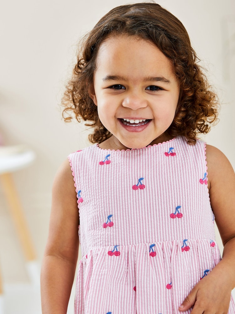 JoJo Maman Bébé Pink Cherry Stripe Embroidered Summer Dress - Image 2 of 5