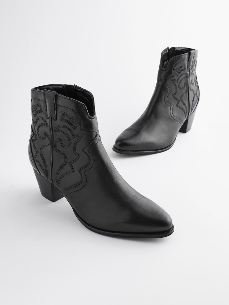 Black Extra Wide Fit Forever Comfort® Stitched Detail Ankle Western/Cowboy Leather Boots - Image 1 of 6