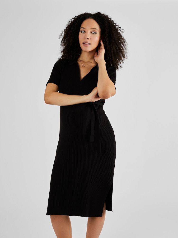 JoJo Maman Bébé Geripptes Strickkleid mit Kragen (Umstandsmode), Khaki - Bild 1 von 4