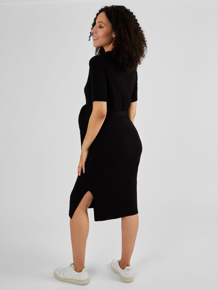JoJo Maman Bébé Geripptes Strickkleid mit Kragen (Umstandsmode), Khaki - Bild 2 von 4