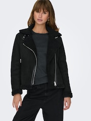 ONLY Black Faux Suede Aviator Jacket With Teddy Borg Lining - Image 1 of 8