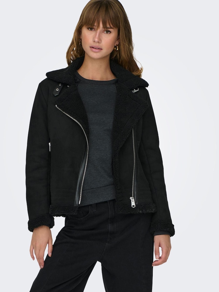 ONLY Black Faux Suede Aviator Jacket With Teddy Borg Lining - Image 1 of 8