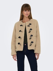 ONLY Cream Collarless Cosy Teddy Borg Coat With Toggle Button - Image 1 of 7