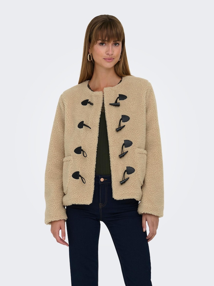 ONLY Cream Collarless Cosy Teddy Borg Coat With Toggle Button - Image 1 of 7