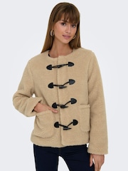 ONLY Cream Collarless Cosy Teddy Borg Coat With Toggle Button - Image 4 of 7