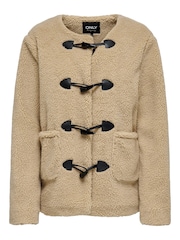 ONLY Cream Collarless Cosy Teddy Borg Coat With Toggle Button - Image 6 of 7