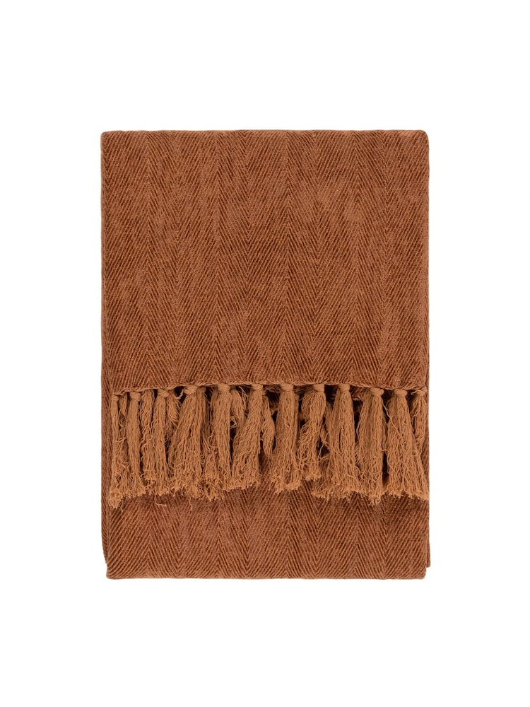 Yard Ginger Brown Harri Herringbone Fringed 100% Cotton Throw - Image 3 of 4