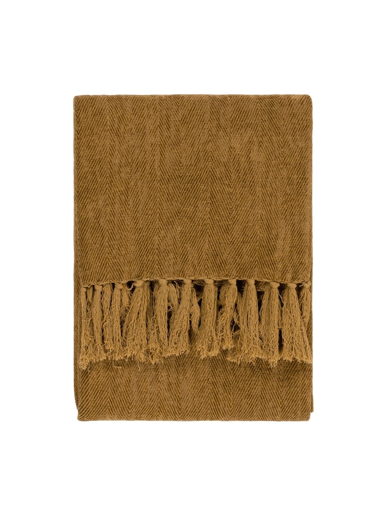 Yard Honey Yellow Harri Herringbone Fringed 100% Cotton Throw - Image 3 of 4