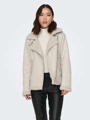 ONLY Cream Faux Suede Aviator Jacket With Teddy Borg Lining - Image 1 of 8
