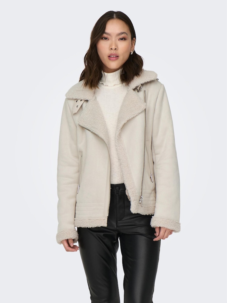 ONLY Cream Faux Suede Aviator Jacket With Teddy Borg Lining - Image 1 of 8 ONLY Cream Faux Suede Aviator Jacket With Teddy Borg Lining - Image 1 of 8