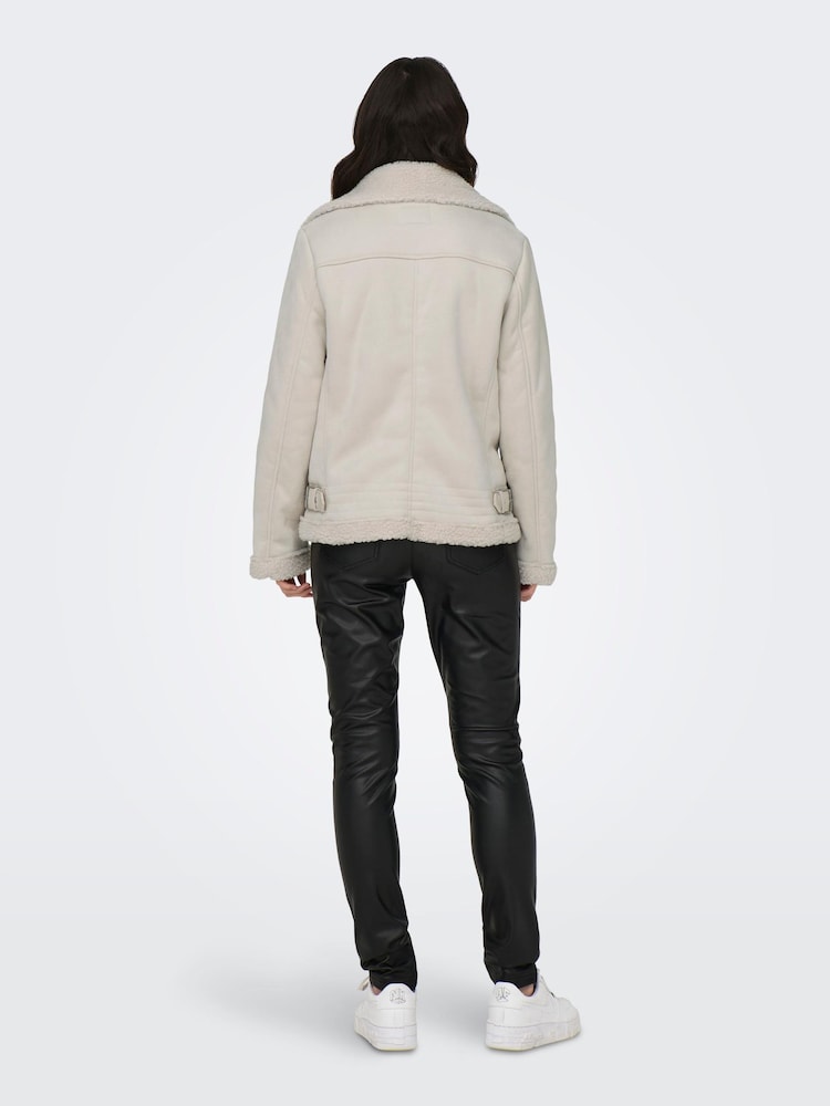 ONLY Cream Faux Suede Aviator Jacket With Teddy Borg Lining - Image 2 of 8