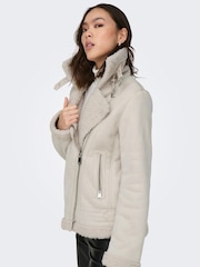 ONLY Cream Faux Suede Aviator Jacket With Teddy Borg Lining - Image 4 of 8