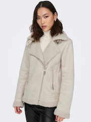 ONLY Cream Faux Suede Aviator Jacket With Teddy Borg Lining - Image 5 of 8
