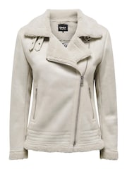 ONLY Cream Faux Suede Aviator Jacket With Teddy Borg Lining - Image 7 of 8