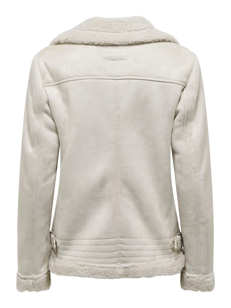 ONLY Cream Faux Suede Aviator Jacket With Teddy Borg Lining - Image 8 of 8