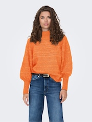 ONLY Orange High Neck Knitted Ribbed Puff Sleeve Jumper - Image 1 of 3