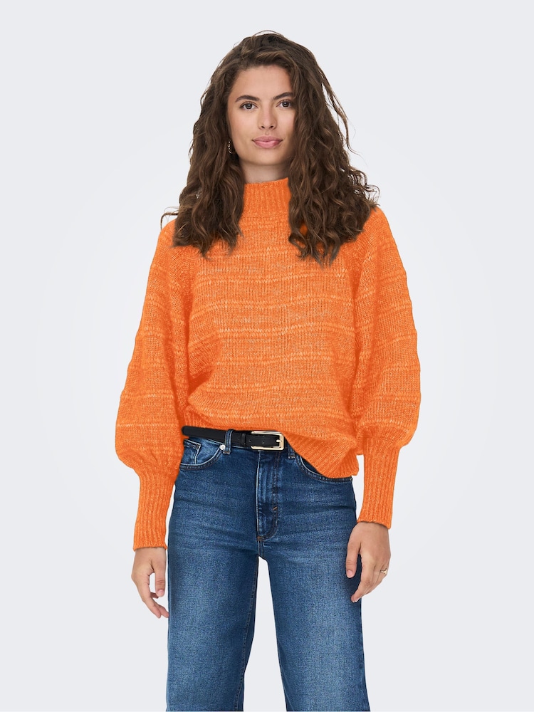 ONLY Orange High Neck Knitted Ribbed Puff Sleeve Jumper - Image 1 of 3 ONLY Orange High Neck Knitted Ribbed Puff Sleeve Jumper - Image 1 of 3