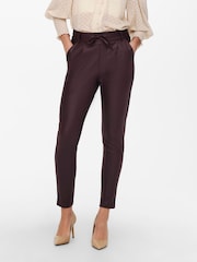 ONLY Burgundy High Waisted Tie Waist Coated Faux Leather Trousers - Image 1 of 6